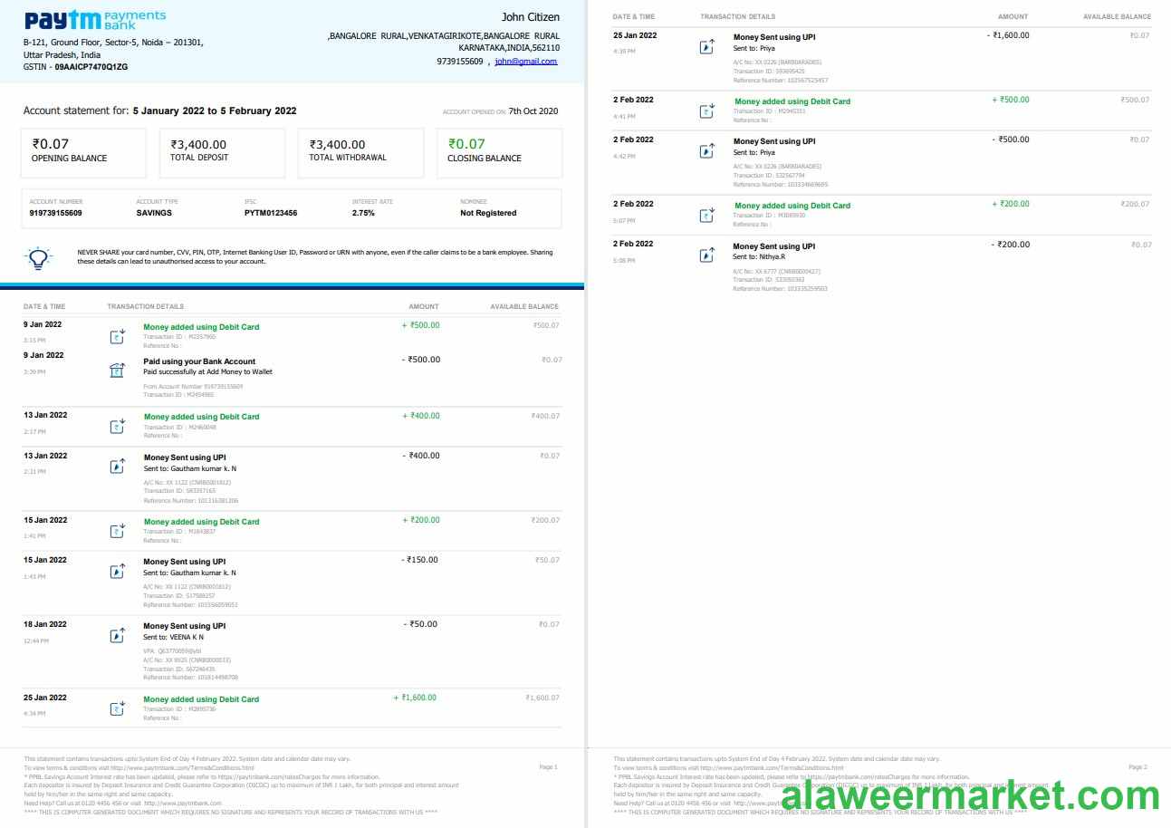 Indian Paytm bank statement 2 page